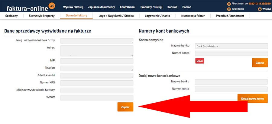 Uzupełnianie formularza danych do faktury
