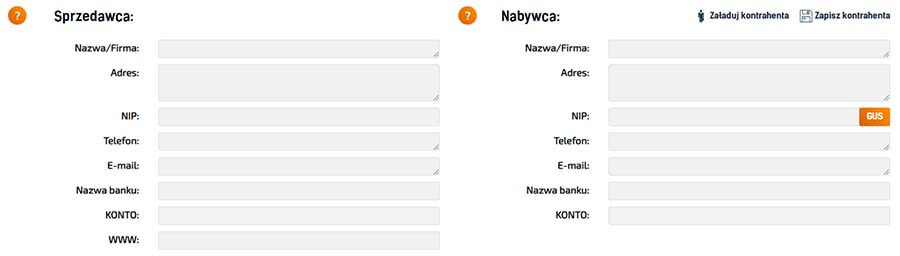 Uzupełnienie danych sprzedawcy i nabywcy