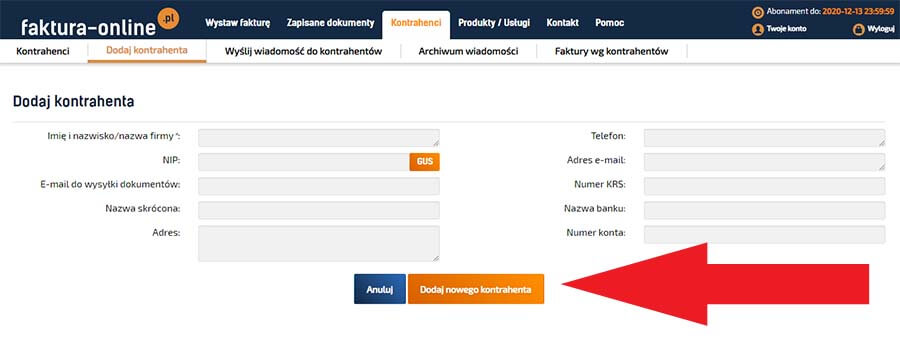 Dodawanie kontrahenta do archiwum