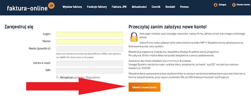 Formularz tworzenia nowego konta w serwisie