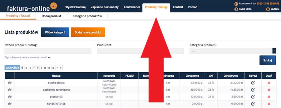 Baza zawierająca zapisane produkty