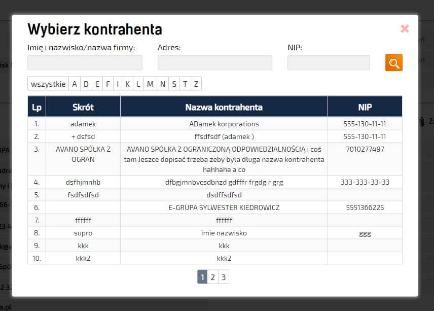 Okienko gdzie możemy wybrac kontrahenta który zostanie załadowany do faktury