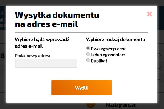 Okienko wysyłki faktury emailem