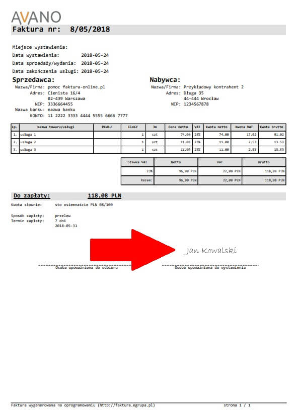 Przekładowa faktura z podpisem / pieczątką 