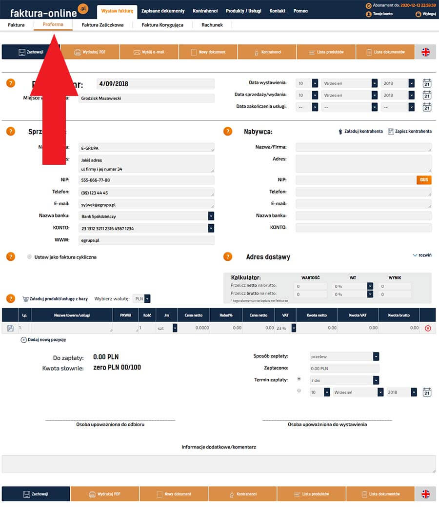 Wystawienie elektronicznej faktury online 