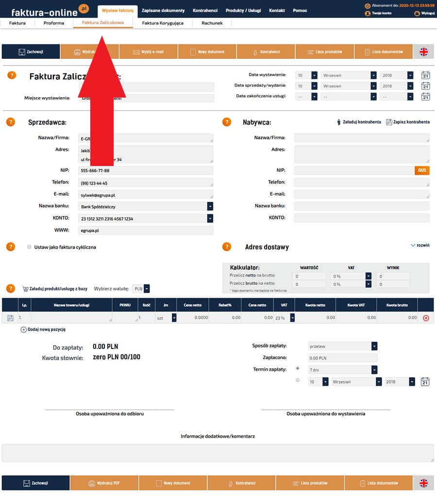Wystawienie elektronicznej faktury zaliczkowej online 