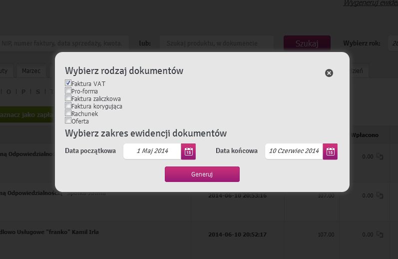 Ewidencja Sprzedaży wydruk PDF i wzór excel