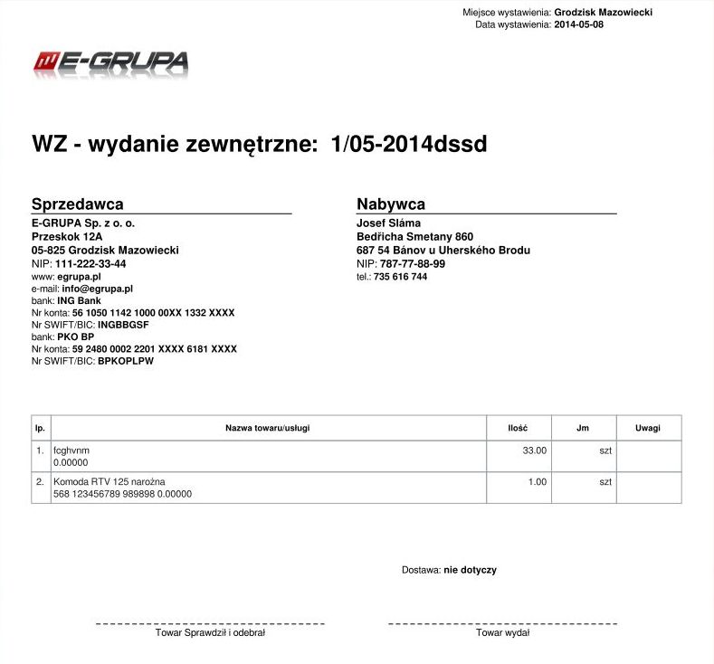 WZ wydanie zewnętrzne wzór online 